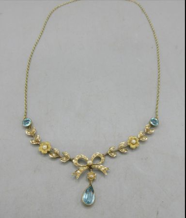 Fine Antique Gold Aquamarine & Pearl Garland Necklace