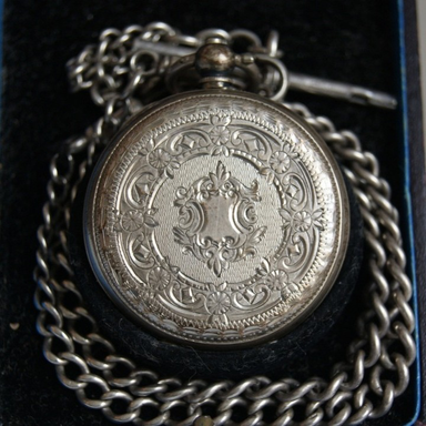 Antique Silver Pocket Watch & Watch Chain Cased