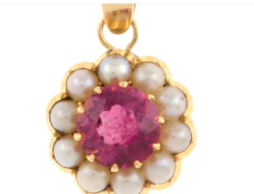 Antique Gold Pink Tourmaline& Split Pearl Pendant
