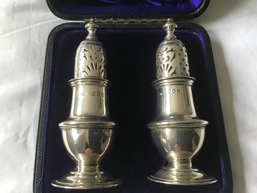 Antique Pair Of Silver Sugar Shakers In Original Fitted Case