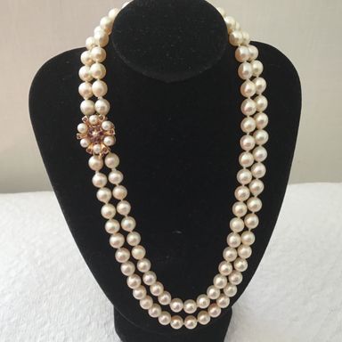 Fine Vintage Knotted Cultured Pearl Two Row NecklaceOn 9CT Garnet&Pearl clasp