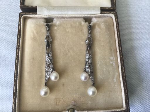 Fine Antique Platinum Diamond& Pearl Drop Pendant Earrings oxen