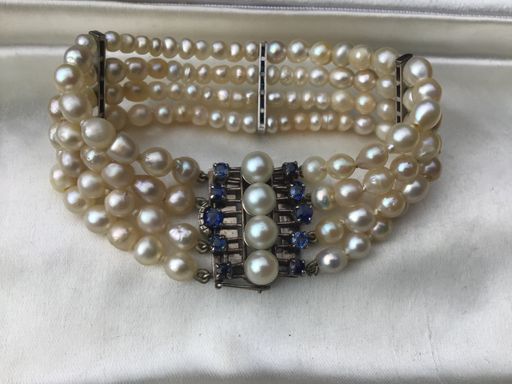 Vintage White Gold Cultured Pearl Bracelet Sapphire &Pearl Clasp