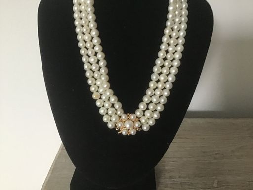 Fine Vintage Three Row Cultured Pearl Necklace Choker