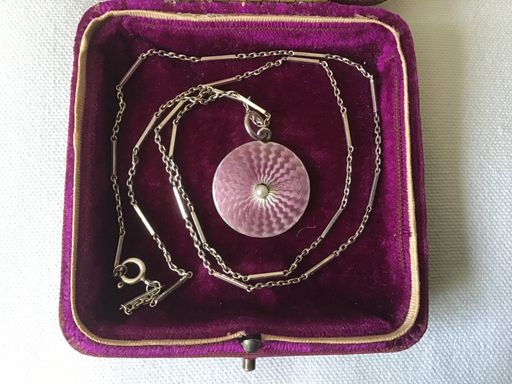 Fine Vintage Silver & Pale Pink Guilloche Enamel And Pearl Pendant Necklace On Chain