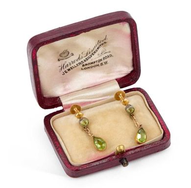 Fine Vintage 9 Ct Gold Peridot Drop Pendant Earrings Cased